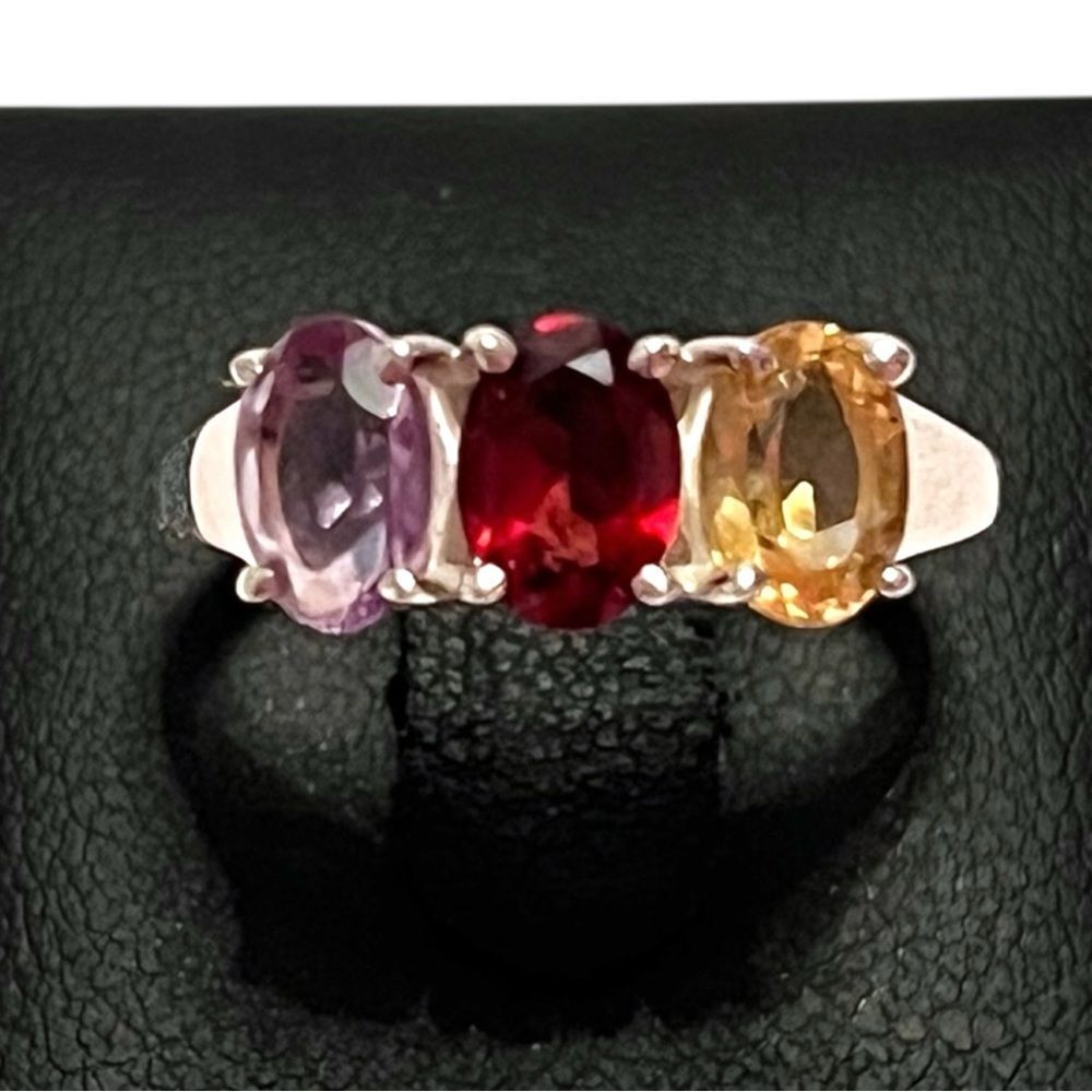 Elegant Artisan Garnet Amethyst Citrine Sterling Silver Ring Size 9